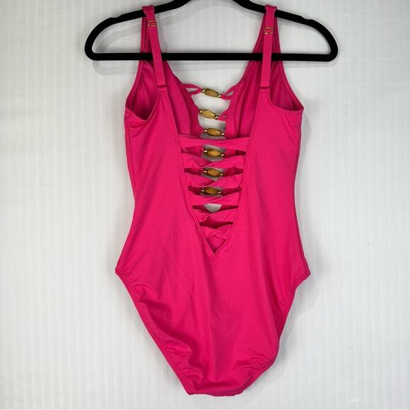 Bleu By Rod Beattie Kore Beaded Lace-Up Vibrant Pink One Piece Swimsuit Size 6 - Picture 3 of 7